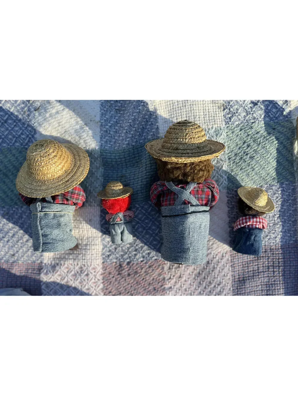 Vintage Set of Four Handmade Farmer Dolls with Straw Hats and Denim Overalls